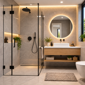 Divisoria de baño en vidrio templado con perfilería negra
