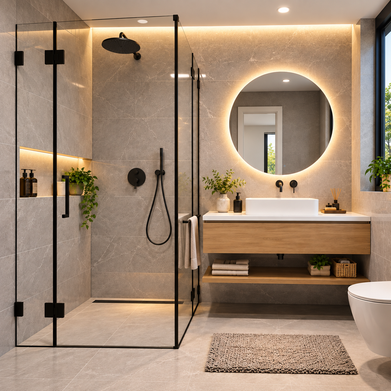 Divisoria de baño en vidrio templado con perfilería negra