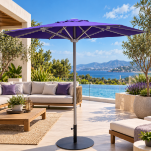 Parasol exterior con estructura de acero inoxidable y aluminio, sistema de apertura con cuerda de nailon