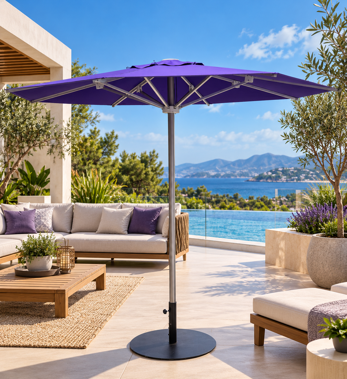 Parasol exterior con estructura de acero inoxidable y aluminio, sistema de apertura con cuerda de nailon