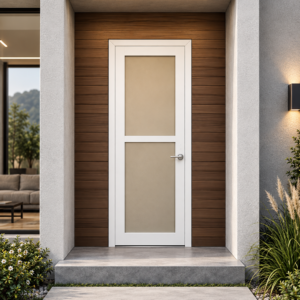 Puerta Córdoba moderna con dos paneles verticales en tono beige y marco claro