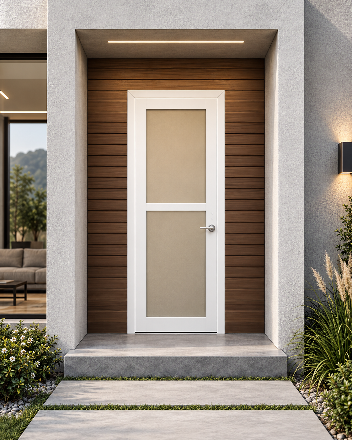 Puerta Córdoba moderna con dos paneles verticales en tono beige y marco claro