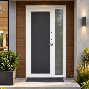 Puerta Jaén moderna con panel central oscuro y vidrio lateral