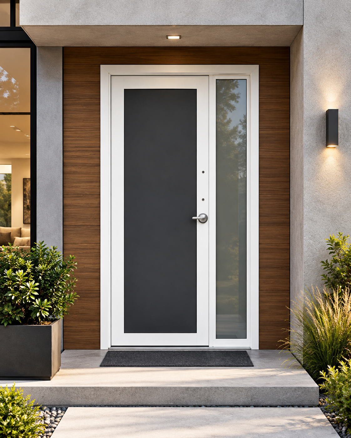 Puerta Jaén moderna con panel central oscuro y vidrio lateral