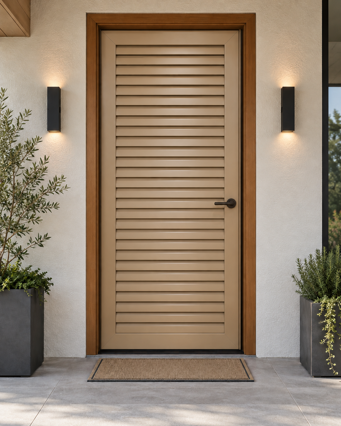 Puerta Pamplona con lamas horizontales y acabado beige