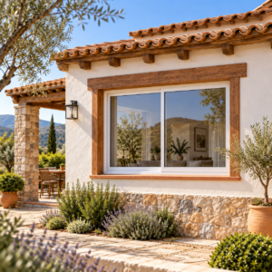 Ventana Cádiz blanca instalada en fachada de casa con estilo mediterráneo
